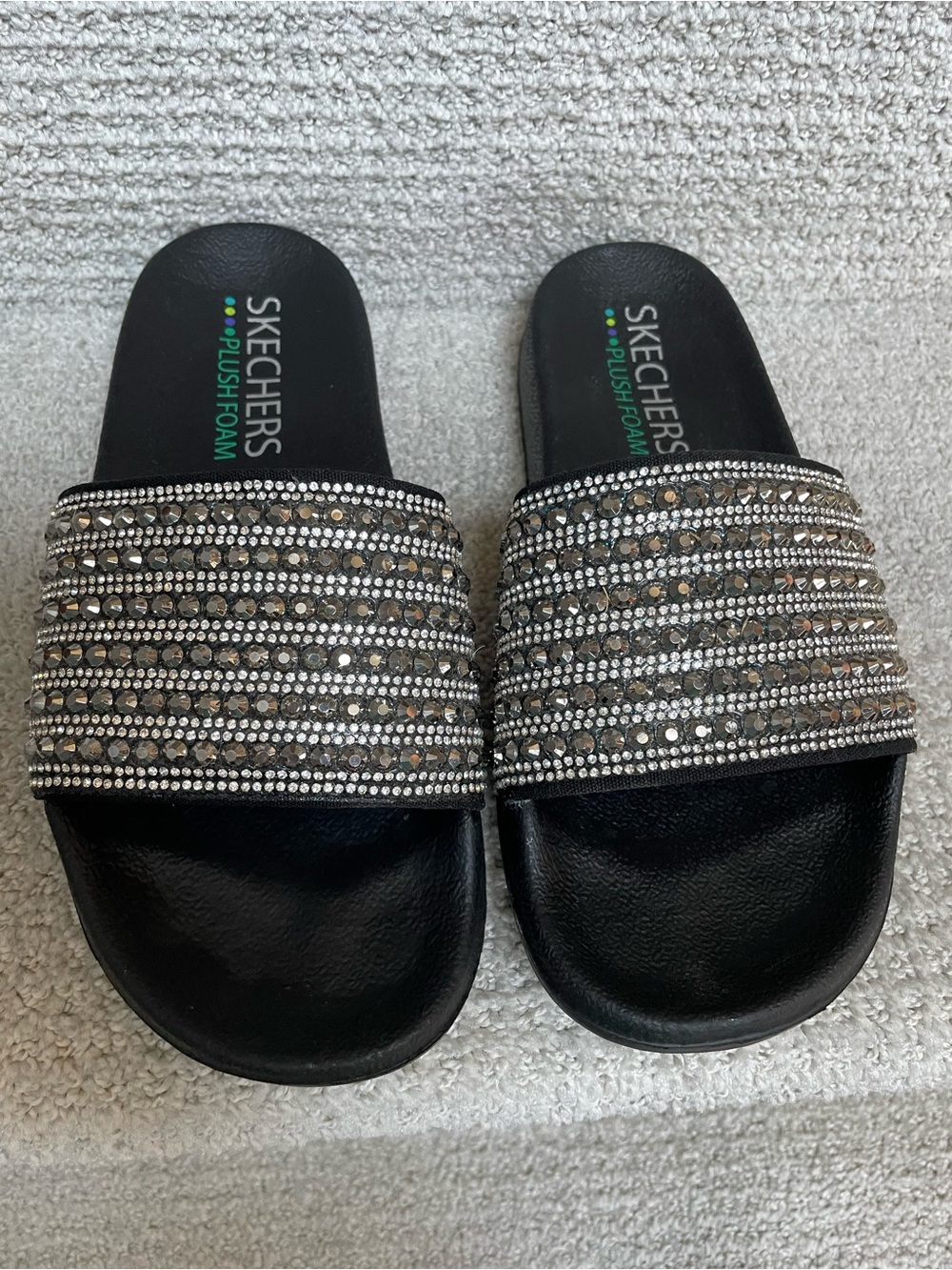 Skechers Black Cali Pop Ups Comfort Foot Bed Bling Sparkle Slides Sandals - Picture 2 of 10